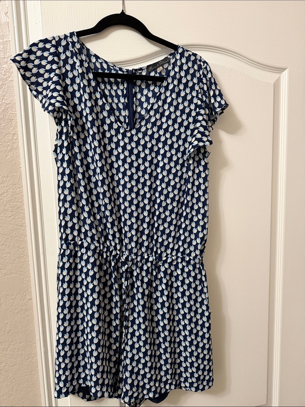 Rose & Olive Navy Blue and White Printed Flutter-Sleeve Romper